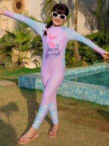 女童连体泳衣，卡通美人鱼尾巴，数码印花，紫色鱼鳞印花，长袖长裤，连体泳衣，适合参加海滩泳池派对 - 紫色 - 查看 4