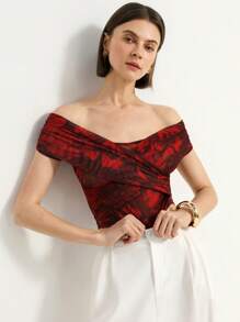 GENKIRA Red Ankura Floral Print Random Mesh Wrap Off Shoulder Romantic Elegant High-End Design Waist-Cinched Bodysuit For Women All Over Print  For Summer - Red - View 5