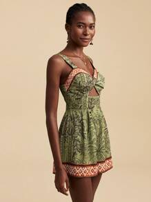 Travachic Bộ đồ liền thân hở vai in họa tiết cây nhiệt đới cho nữ, phong cách kỳ nghỉ, trang phục mùa hè cho nữ, trang phục bãi biển cho nữ, trang phục phương Tây cho nữ, trang phục hòa nhạc cho nữ, phong cách Boho, kỳ nghỉ nhiệt đới - màu xanh lá - Xem 5