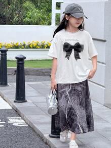 DAZY Tween Girl Round Neck Knit Printed Short Sleeve T-Shirt, Summer, Back To School Clothes - White - View 6