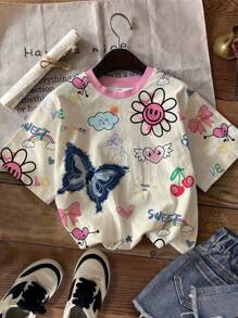 SHEIN Leap Crew Graffiti Cartoon Bow Print Oversized T-Shirt, Casual & Simple For Teen Girls, Suitable For Summer - Multicolor - View 1