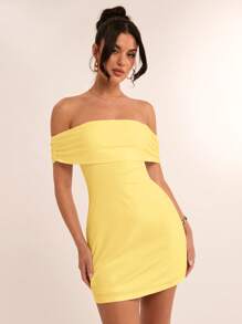 SHEIN BAE 夏季海滩度假纯白色露肩后蝴蝶结迷你连衣裙，适合日常约会、夜间外出、夜总会、派对、聚会、鸡尾酒会、泳池派对、返校季节服装、学校季节连衣裙、节日连衣裙女士连衣裙 - 黃色 - 查看 3