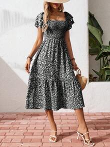 Breezaya Quadratischer Ausschnitt Sommerkleid mit Blumenmuster, lässiger Kurzarm Maxikleid für Strand Urlaub Outfits Frauen