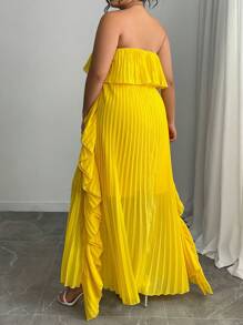 Elenzga Plus Size French Romantic Solid Color Pleated Ruffle Cold Shoulder Long Dress, Spring/Summer - Yellow - View 2