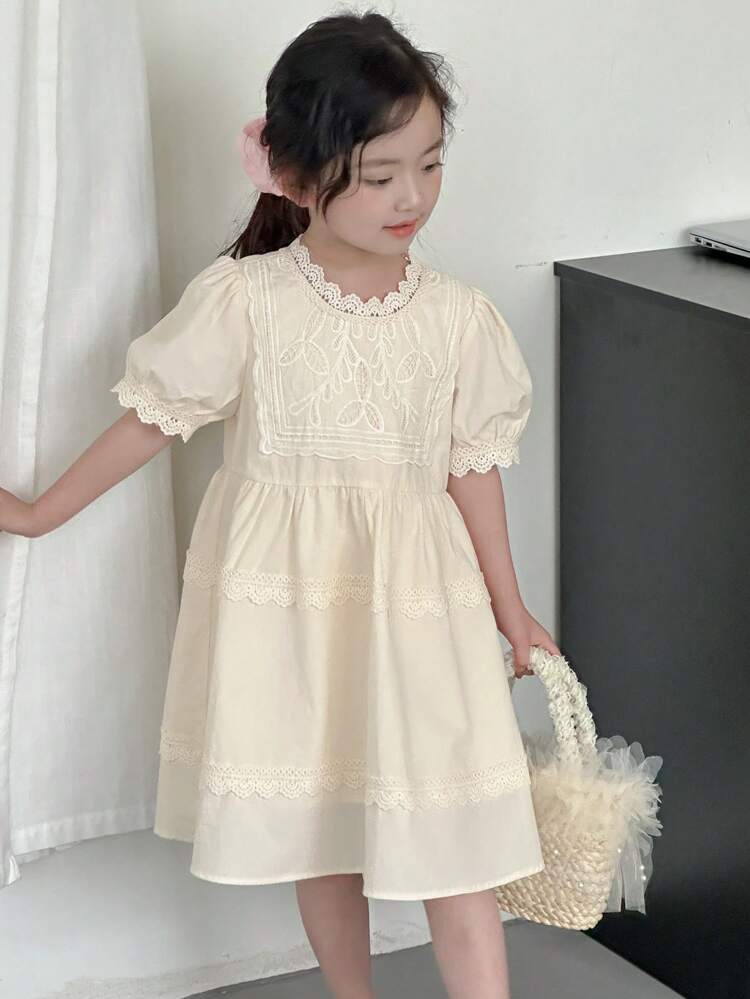Young Girl Summer Ladies Floral Embroidered Puff Sleeve Dress