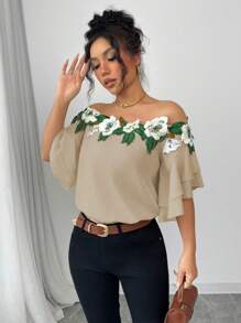 Calvaya Blusa casuale sexy a spalle scoperte con fiore 3D per donne