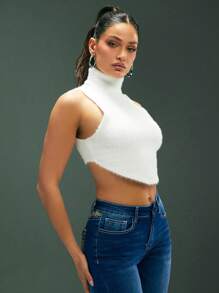 Denimoi 毛绒针织 V 型下摆上衣，时尚，适合夏季