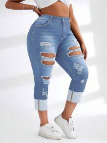 SHEIN SXY Damen Stretchjeans in Blau mit Destroyed-Optik in Große Größen - Helle Waschung - Übersicht 5