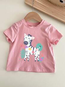 SHEIN 3 件套女婴休闲可爱动物印花短袖圆领上衣，适合夏季 - 彩色 - 查看 4