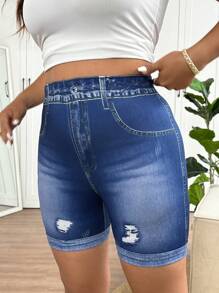 SHEIN Frenchy 加大码女式蓝色紧身裤，时尚休闲裤，采用弹性舒适面料 - 藍色 - 查看 6