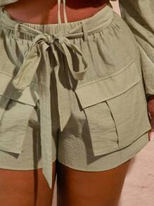 SHEIN SXY Plus Size Women's Green Solid Color Waist-Tie Cargo Pocket Casual Shorts With Free Belt, Elegant For Spring/Summer Dating, Club, Valentine's Day, Wedding - Green - View 8
