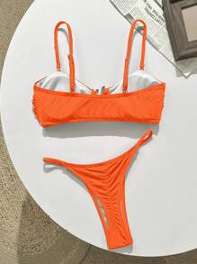SHEIN Swim Metallic Knit Jacquard Sexy Spaghetti Strap Bikini Top For Summer Beach Vacation - Orange - View 5