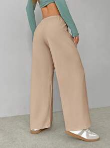 SHEIN PETITE Pantalones de casa tejidos suaves y blancos, pantalones holgados - Caqui - Ver 2