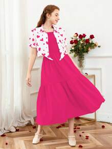 SHEIN 2pcs Heart Print Cami Dress Set For Teen Girls, Valentine's Day
