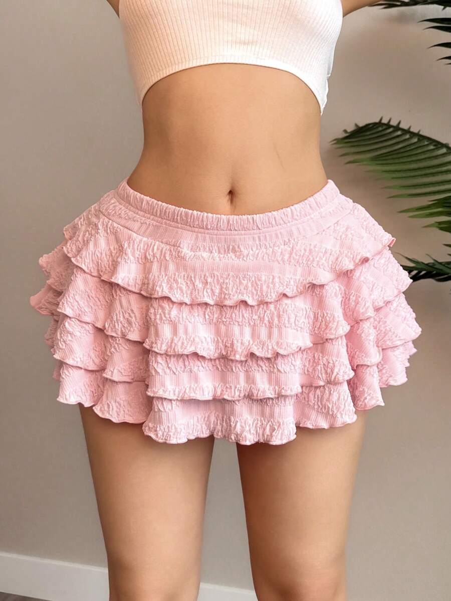EgrlEra Women's Y2K Textured Fabric Pink Puff Ruffle Hem Flare Skirt - Pink - View 1