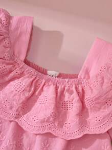 SHEIN Baby Girl Vintage French Style Elegant Embroidered Floral Ruffled Collar Puff Sleeve Blouse, Suitable For Outings - Hot Pink - View 5