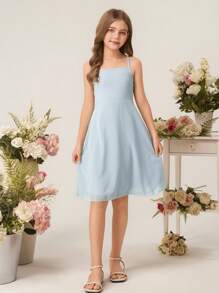 Elegant Simple & Fashion Sleeveless High Waist Mid-Length Blue Tone Casual Dress For Tween Girl, Summer Wedding Junior Bridesmaid Dress