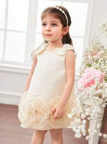 可爱优雅的杏色花朵蝴蝶结无袖女婴连衣裙 - 杏色 - 查看 5