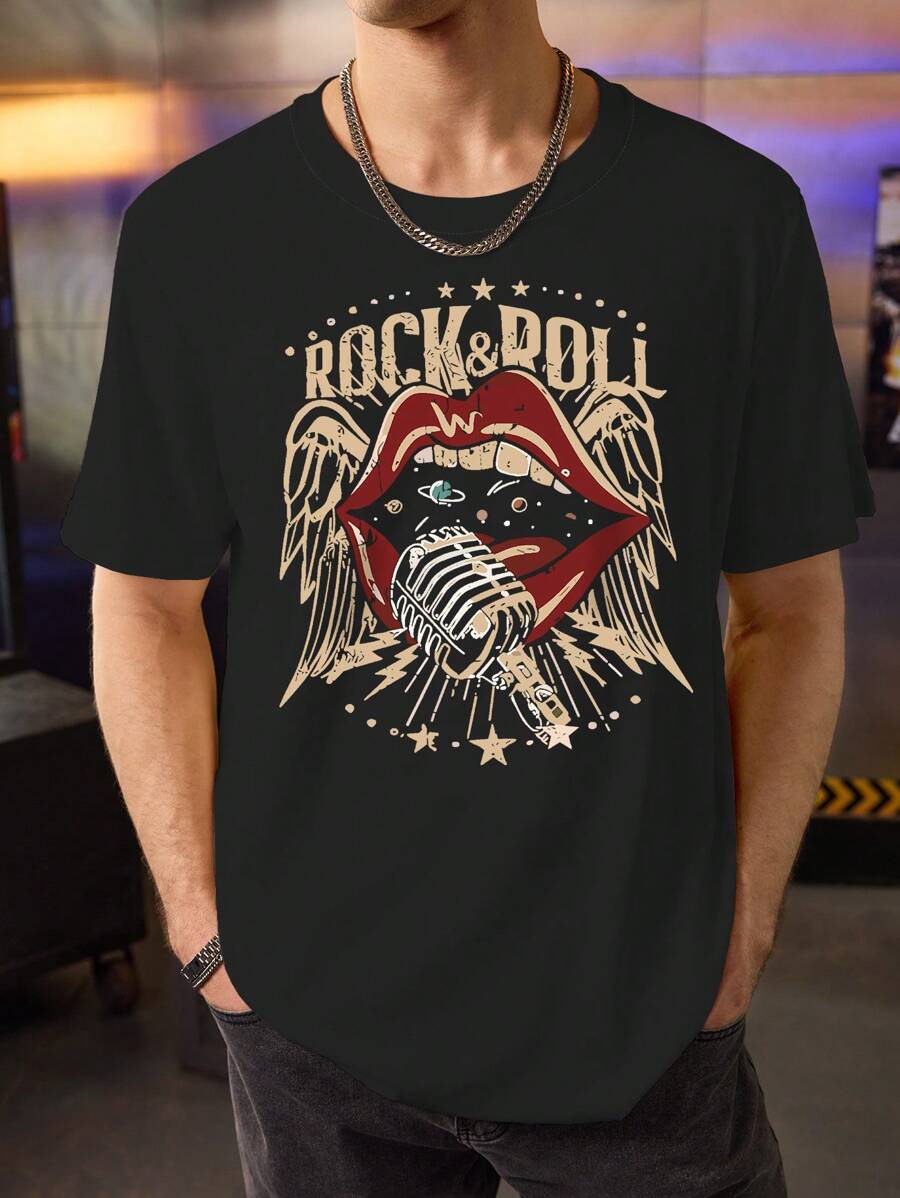 Manfinity Dauomo 男士夏季复古朋克街头风格红唇印花字母图案 T 恤，摇滚音乐图案休闲短袖 T 恤 - 黑色 - 查看 1