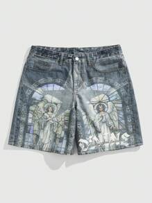 ROMWE MEN Goth Shorts vaqueros casuales y de calle con estampado gráfico para hombres, verano