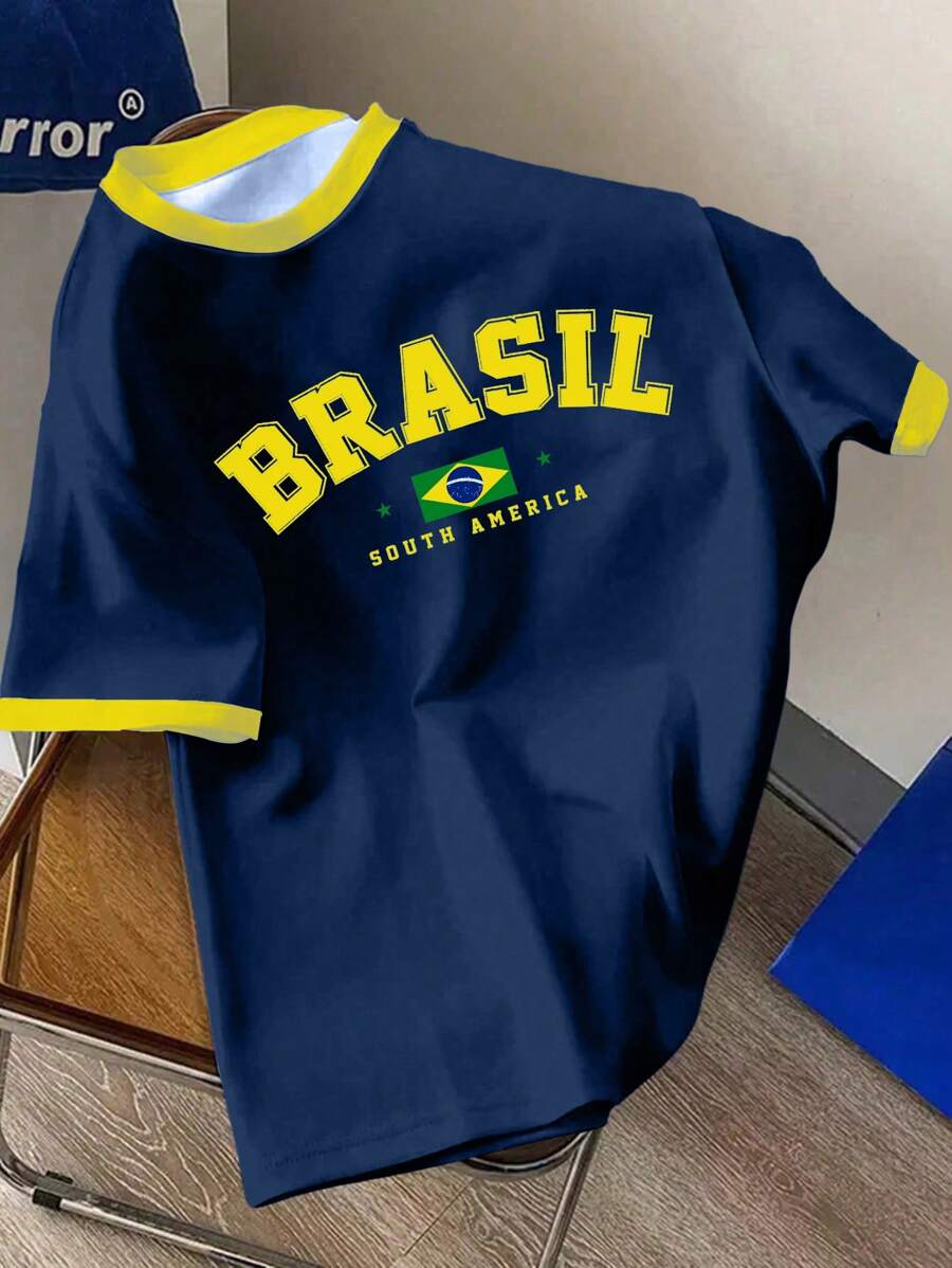 SHEIN EZwear 休闲简约“BRASIL”图案圆领短袖宽松T恤女款，适合夏季