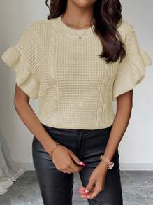 SHEIN Unity Women's Casual Knitted Vest With Ruffle Hem And Cable Cable Pattern - Apricot - View 3