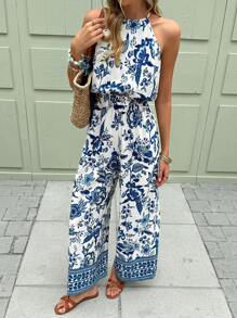 SHEIN Frenchy Women's Simple Blue Celadon Print Hanging Neck Fashion Long Jumpsuit For Summer And Vacation Wear Summer Outfits For Women Vacation Outfits Women Beach Outfits For Woman Bodysuits For Women Boho Women Clothing Flower