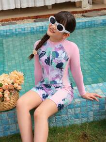 Traje de baño de una pieza con cremallera y manga larga, protección solar, estilo de vacaciones para niñas jóvenes