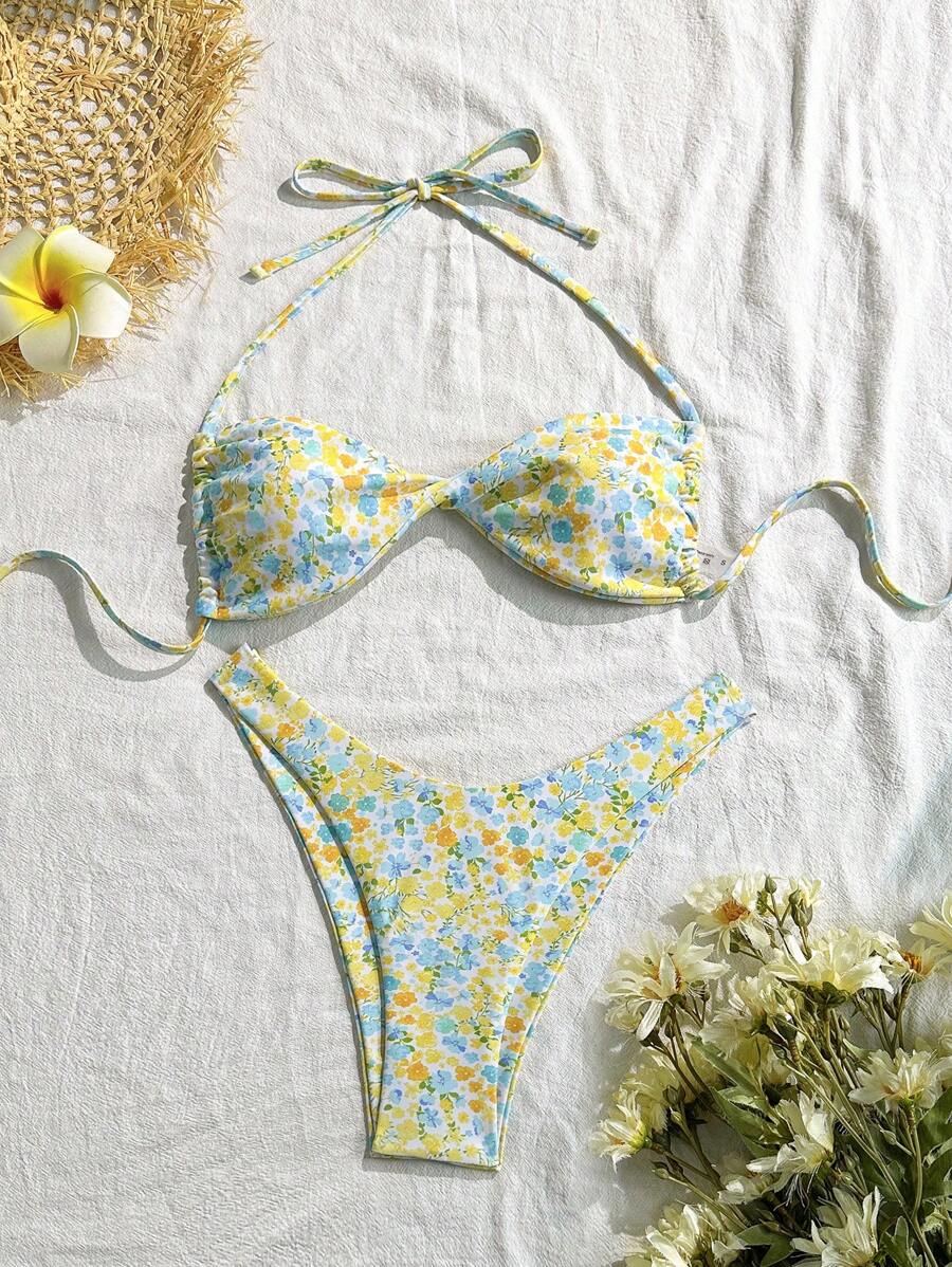 Swim Mod Ditsy Floral Twist Bikini Set, Minimalist & Fashionable, Suitable For Summer - Yellow - View 1