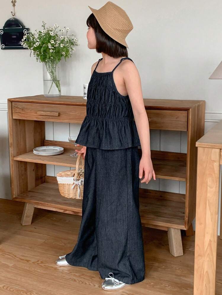 2pcs Tween Girl Denim Bib Overalls + Wide Leg Jeans Set, Summer,Back To School Clothes