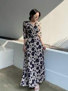 DAZY V领优雅碎花连衣裙，女士优雅吊带长裙 - 米色 - 查看 9