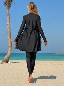 Swim Mulvari New Women's Beach Summer Two Pieces Swimwear. Black. Crew Neck Long Sleeve, Ruffle Waist Design, Modest Cover-Up Pants, Conservative Resort Burkini Set - Black - View 2
