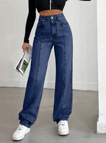 SHEIN Cottnline 100%Cotton Solid Color Straight Leg Jeans - Medium Wash - View 5