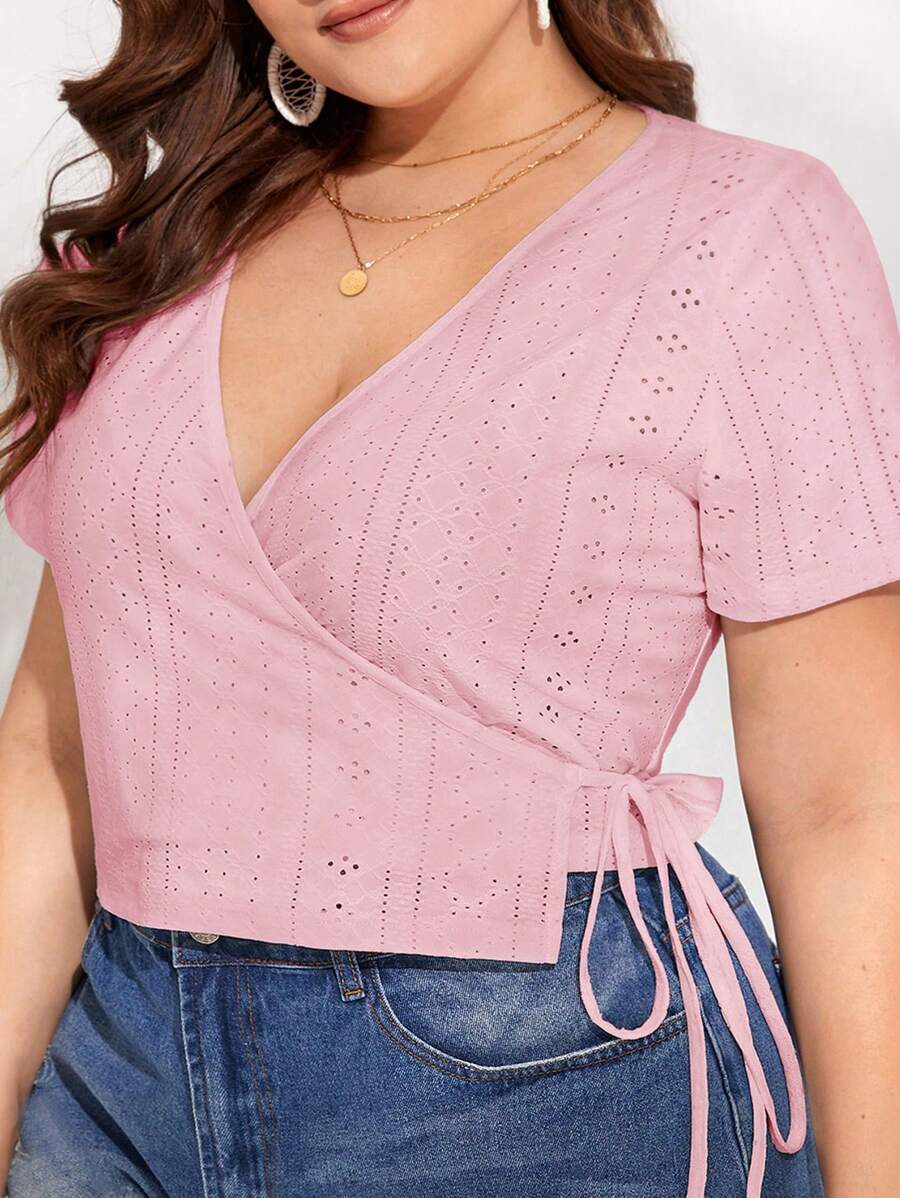 SHEIN VCAY Plus Size Women's Solid Color Embroidery & Twist Detail Short Sleeve T-Shirt - Baby Pink - View 1