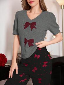2pcs Bowknot Print Puff Sleeve V-Neck Pajama Set With Wide Leg Pants - Dark Grey - View 5