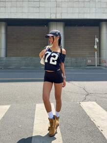 INAWLY Women's Letter Print Off-Shoulder Short Sleeve T-Shirt - Navy Blue - View 5