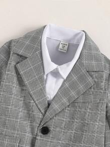 SHEIN 2pcs Gentleman Style Set For Toddler Boys - Gray Striped Plaid Woven Jacket & Pants, Exhibiting Young Gentleman Elegance & Taste. This Gray Striped Plaid Tailored 2 Pieces Suit For Young Boys Combines Classic British Gentleman Style With Modern Fashion Elements, Providing A Unique Dressing Experience For Young Boys. Suitable For Wedding, Wedding Guest, Ring Bearer, Page Boy