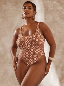 MUSERA Plus Size Square Neck Thick Strap Printed Elegant Sexy Cute One-Piece Swimsuit For Spring Summer Vacation Ibiza Beach Swimwear - Chocolate Brown - View 2