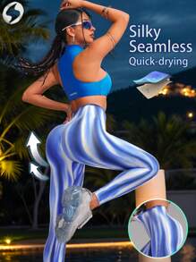 Innovista 女士运动装无缝抽象扎染运动紧身裤、高腰收腹和压缩健身服、动态渐变极光印花塑身衣、前卫独特的健身运动服、塑身和性能裤、骑行、自行车、跑步、有氧运动、力量、举重、普拉提、拳击、户外、徒步、露营、越野、瑜伽、垫子、排球、攀岩、音乐节、派对、电动、打底层、蓝色、白色、Y2K、春夏装备、入门运动服