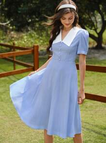 Vintamour 复古优雅女式格子纽扣休闲连衣裙度假茶会太阳裙女士夏季服装女士夏季连衣裙女士复活节连衣裙女士春季服装夏季服装女士度假服装婚礼宾客连衣裙女士春季连衣裙女士连衣裙夏季太阳裙女士连衣裙女士优雅度假服装女士生日连衣裙蓝色连衣裙度假连衣裙复活节服装女士 - 藍白色 - 查看 2