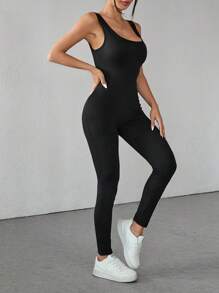 SHEIN PETITE Women's Solid Color Round Neck Backless Sleeveless Jumpsuit, Black Clothes - Black - View 6