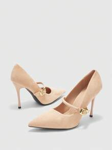 CUCCOO BIZCHIC Women's Fashion Elegant Simple Solid Color Pointed Toe Backless High Heel Pumps - Apricot - View 9