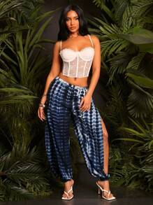 SHEIN SXY 女士扎染印花镂空休闲宽腿裤 - 彩色 - 查看 3