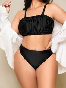 SHEIN Swim Curve Plus Size Women's Minimalist Basic Beach Holiday Bikini Set For Summer Beach Vacation - Black - View 7
