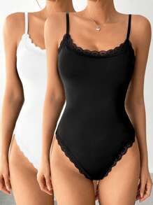 Muchica 2pcs/Set Women Lace Trim Camisole Camisole, Suitable For Summer - Black and White - View 1