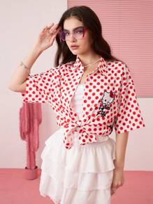 HELLO KITTY AND FRIENDS | SHEIN Unisex Casual Loose Woven Cat Print Red Polka Dot Short Sleeve Shirt, Spring/Summer - Red and White - View 3
