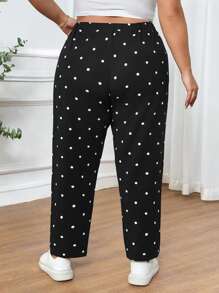 SHEIN CURVE+ 大码女式波尔卡圆点印花休闲裤，带口袋和侧开衩，度假新年女式冬季情人节商务休闲女式飘逸裤，女式夏季，波尔卡圆点 - 黑與白 - 查看 2