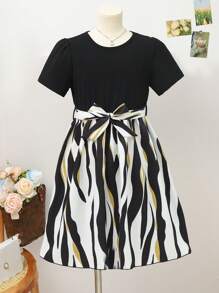 SHEIN Vestido de manga corta con lazo floral y cinturón acanalado en negro y dorado para niña preadolescente