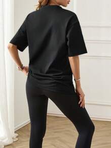 Cloudara Camiseta de hombros caídos con diamante de imitación con patrón de letra - Negro - Ver 5