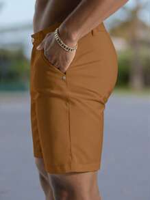 Manfinity Mode 男士纯色简约修身时尚休闲短裤，白色男士短裤男士服装男士短裤 - 銅色 - 查看 4